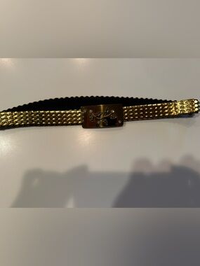 Vintage 50s Gold Metal Scaled & Elastic Belt Floral & Rhinestone Buckle 28"-38”